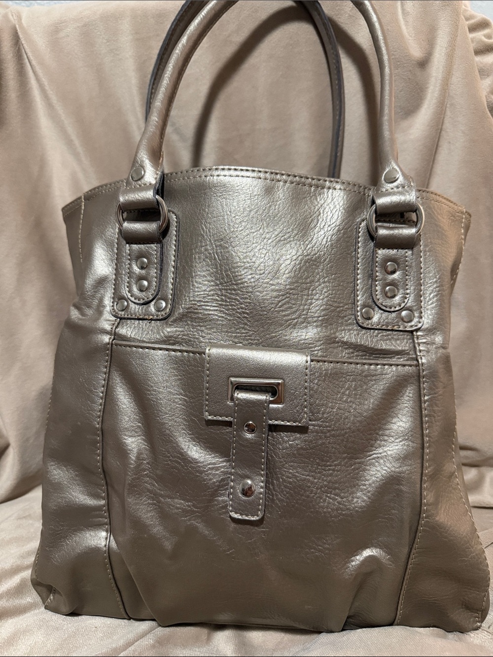 Metallic Taupe Faux Leather Tote Bag with Front Strap Detail